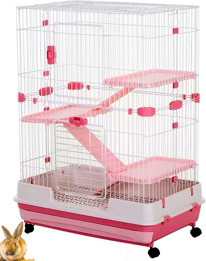 Pink Extra Large Deluxe in/Outdoor Multi-Level Guinea Pig Chinchilla Ferret Squirrel Hedgehog Kitten Rabbit Bunny Hutch House Critter Habitat Removable Easy Clean Tray Lockable Casters