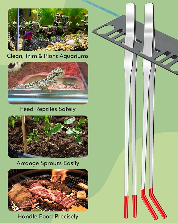 Pawfly 2 Pack Long Tweezers, 11" Aquarium Tweezers, Straight & Curved Reptile Feeding Tongs, Stainless Steel Aquarium Tongs, Aquascape Tools for Fish Tank, Plant & Terrarium