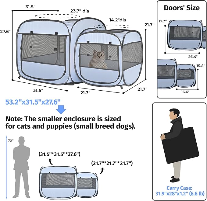 EighteenTek® 2-in-1 Portable Cat Playpen, Pop up Large Kitten Playpen, No Assembly Need, Pet Cat Dog Tent Crates Kennel Cage, Cats Enclosure for Dog and Puppy Indoor Outdoor(No Divider, Unified Space)