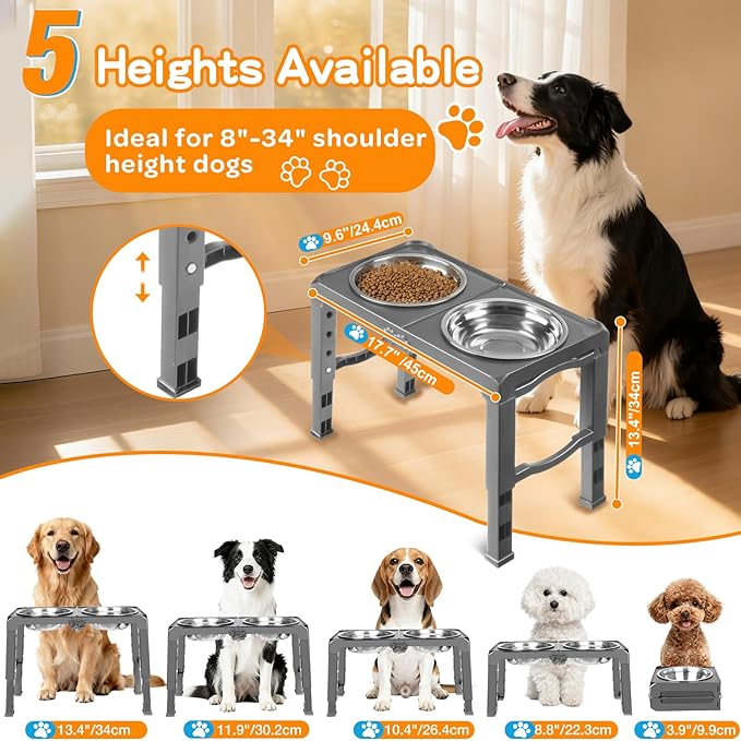Elevated Dog Bowl Stand Foldable with Dual 7.8" Stainless Steel Bowls, 5 Adjustable Heights (3.9"-13.4"), Anti-Slip Portable Travel Pet Feeder, Fits 5.5"-27" Shoulder Height Dogs, Grey