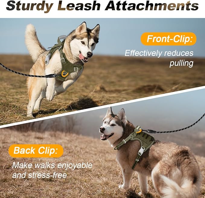 BARKBAY Service Dog Vest Tactical Dog Harness Medium Large Sized Dog Tags Personalized No Pull Adjustable Harness Reflective K9 Working Training Easy Control Military MolleSystem(Army Green,XL)