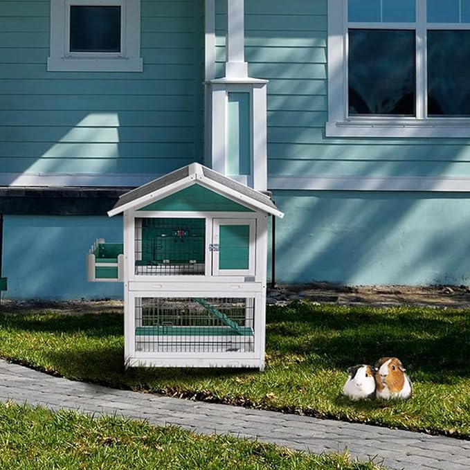 Petsfit 2 Story Rabbit Hutch with Trays Outdoor Weatherproof, Bunny Cage with Openable Roof