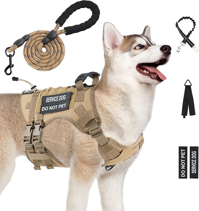 No Pull Tactical Dog Harness for Medium Dogs, Escape Proof Molle Dog Vest Harness and Leash Set, Adjustable Military Service Dog Harness with Handle for Medium Large Dogs(Brown,Medium)