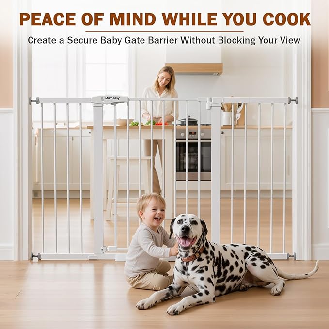 Mumeasy 29.7-57" Extra Wide Baby Gate, Auto Close Large Dog Gate for Doorways, No Drilling Pressure Mounted Pet Safety Gate for Stairs, Easy Walk Through Child Gate for Hallways, House, Indoor, White