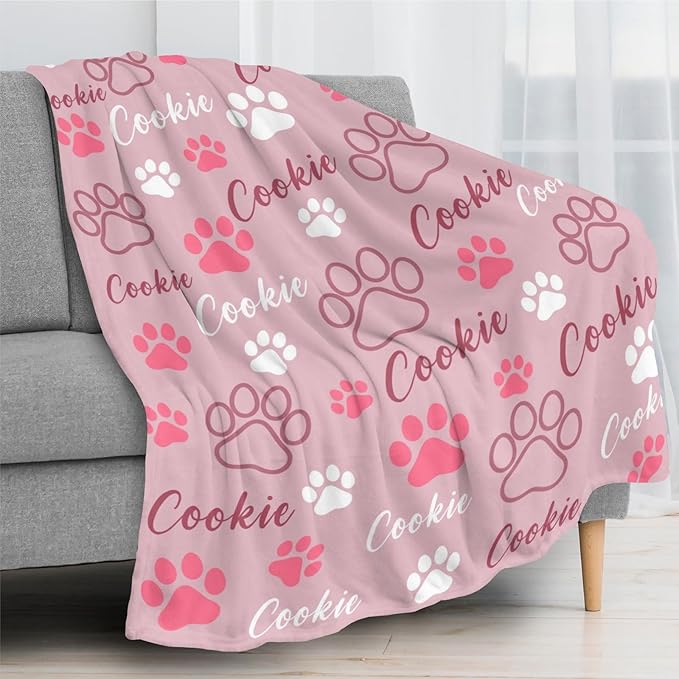 D-Story Custom Pet Blanket with Dog Name Custom Dog Blanket Personalized Dogs Blanket Paw Prints Blankets Pet Memorial Gifts for Loss of Dogs