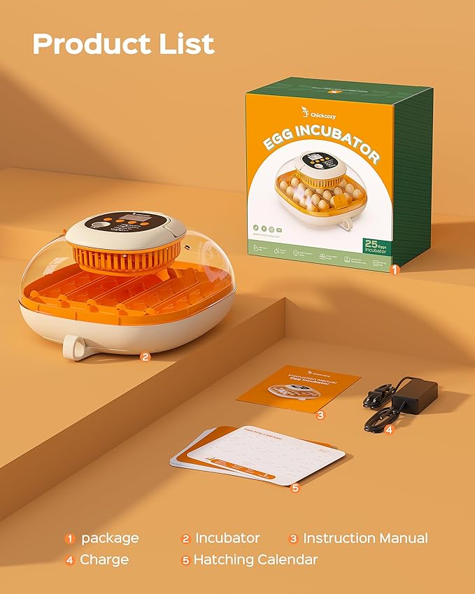 [2024 Upgrade] 25 Egg Incubator, Automatic Egg Turner with Thermometer Seat and Humidity Control, Egg Candler, 360° View with Clear Window, Incubators for Hatching Chicks (Sunlit Orange)