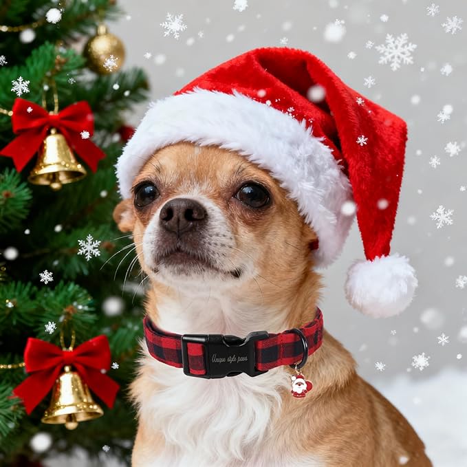 Unique Style Paws Christmas Dog Collar Plastic Buckle with Pendant Red Black Grid Cotton Puppy Collars for Small Medium Large Dogs