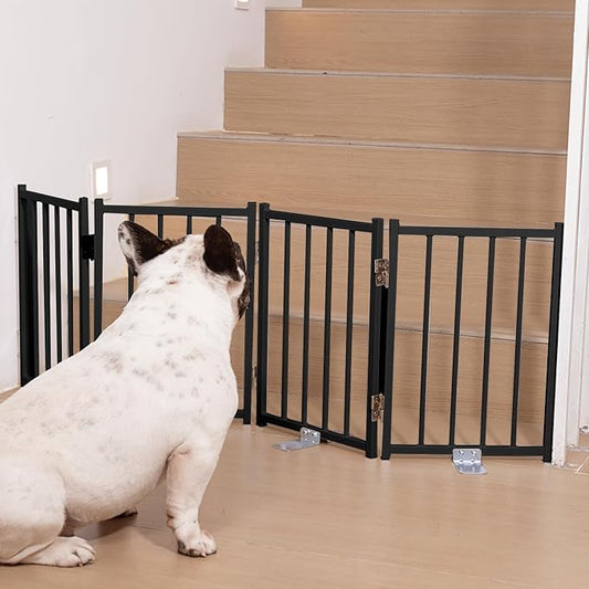 No Pawblems Free Standing Short Dog Gate, 16.5'' Tall Foldable Dog Fence for Indoor & Outdoor, Up to 48 Inch Extra Wide Puppy Gate for Stairs, Hallways, Doorways, Deck, Yard (Black, 4 Panels)