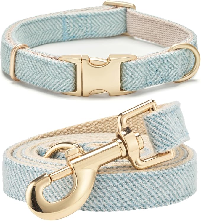 Soft Hemp Dog Collar and Leash Set Adjustable Woven Twilled Dog Collars with Metal Buckle and Lead for Small Medium Large Dogs,Blue