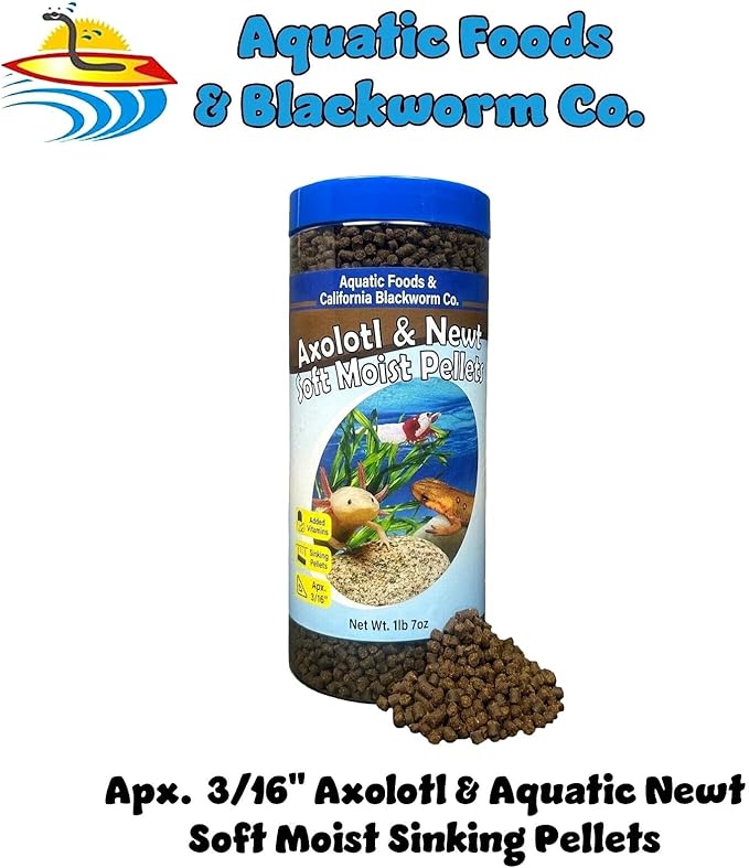 Aquatic Foods Inc. Axolotl Pellet Food 3/16" Soft Moist Sinking Pellets for Juvenile Axolotl Also Shrimp, Snails, Crayfish, Bottom Tropical Fish, Blackworm Pellets Included 1-lb 7oz Canister