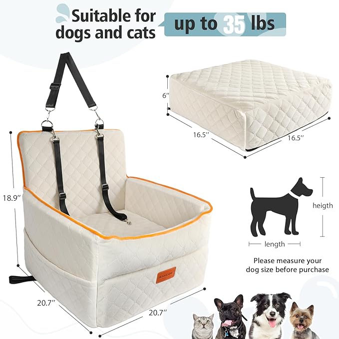 Dog Car Seat for Small Medium Dogs, Memory Foam Dog Booster Seats with Thick Cushion for Dogs Under 35lbs, Detachable Washable Pet Car Seat Travel Bed with Storage Pockets,2 Safety Belt