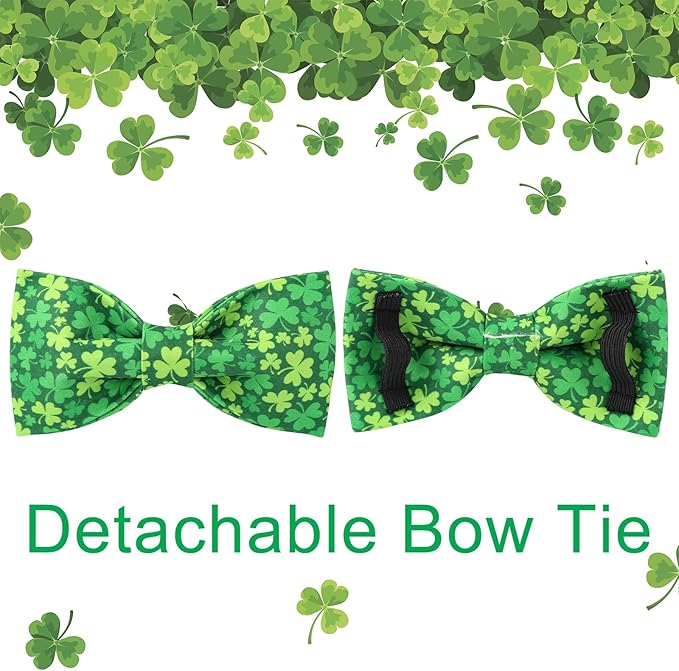 St. Patrick's Day Dog Collar with Bow Tie, Cotton St. Patrick's Day Bowtie Collar for Girl Boy Dosg, Lucky Shamrock Pet Collars with Metal Buckle, Spring, L, Neck 16-24in