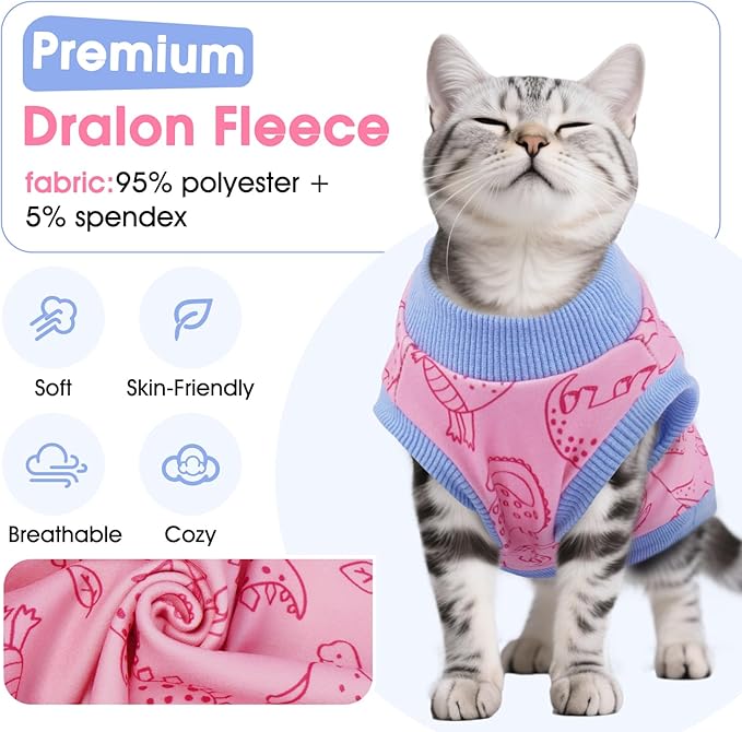 DENTRUN Sleeveless Cat Vest with Dinosaur Print, Breathable Ultra-Soft Dralon Fleece Cat Sweater, All-Season Pet Costume Apparel for Cats, Kitten Clothing for Indoor/Outdoor, Pink, XXL