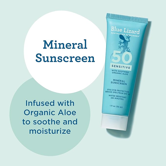Blue Lizard Sensitive Mineral SPF 50 Sunscreen Lotion, 100% Mineral Active Sunscreen, Travel Size, UVA/UVB Protection, Infused with Organic Aloe Vera, We Love The Reef Formula, 1 fl oz, 24-Pack