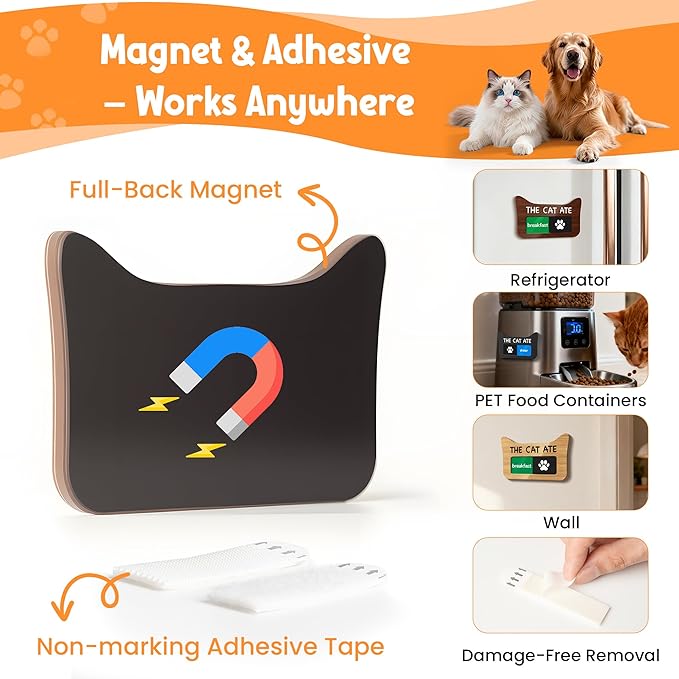 Cat Feeding Reminder Supplies with Magnet, Pet Meal Tracker with The Cat Ate, Acrylic Unique Ear Shape 2 Area Feed Sign with Breakfast and Dinner, Black with 2 Stickers, 4.7" x 3", 1 Pack