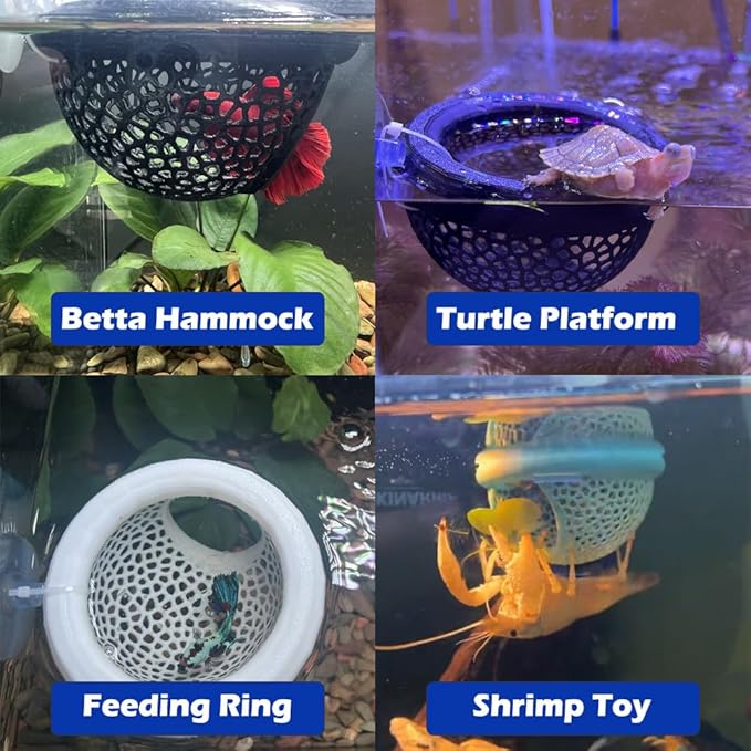 Floating Betta Hammock with Suction Cup, Shrimp Cave, Betta Fish Feeding Rings,3D Printed Aquarium Decor (Blue, Large)