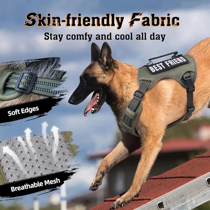 Tactical Dog Harness with Leash for Large Dogs, No Pull Adjustable Dog Harness, Reflective K9 Working Pet Vest for Walking, Training (Army Green, M)