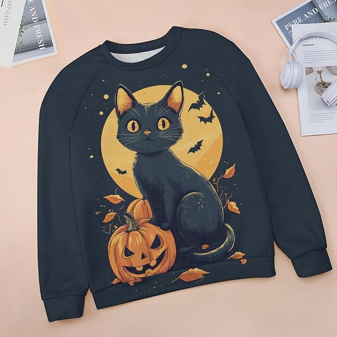 Halloween Sweatshirts for Women Black Cat Print Pullover Crewneck Oversized 2024 Fall Fashion Casual Warm Shirt