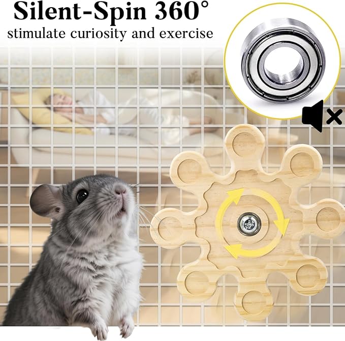 Rotating Chinchilla Chew Toys for Teeth and 250g(0.55lb) Organic Apple Sticks, Natural Wooden Chinchilla Cage Accessories Enrichement for Playtime Puzzle, Chinchillas Treats Molar Wood
