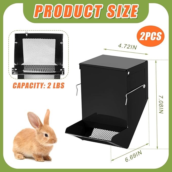 Maxcheck 2 Pcs Rabbit Feeder for Cages Small Animal Food Dispenser with Lid Metal Chicken Grit Oyster Shell Feeders Outside (4.7 Inches,Mesh Bottom,Black)