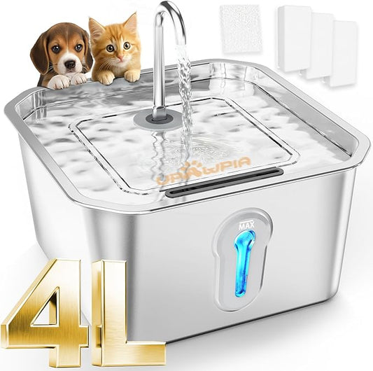 4L/135oz Large Cat Water Fountain Stainless Steel with 3 Filters Pet Water Fountain for Cats Quiet Indoor Pets Dog Small Animal Automatic Dog Water Dispenser for Drinking Watering Supplies