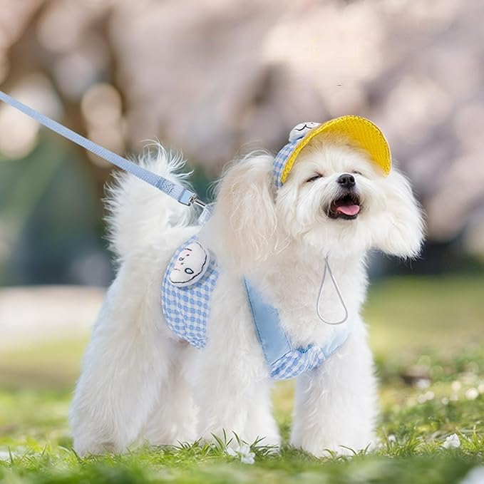 Cat Puppy Costume Leash Harness Baseball Cap 3PCs Set Cute Pet Accessories Multiple Sizes for Cat Small Dog (Blue Leash+Harness+Cap 3pcs,Medium)
