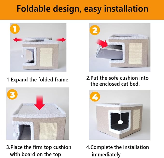 Cat Houses for Indoor Cats - Large Cat Bed Cave with Scratch Pad and Fluffy Ball, Foldable Cat Condo Hideaway with Reversible Cushion for Multi Small Pet(Beige, Right-Angle)