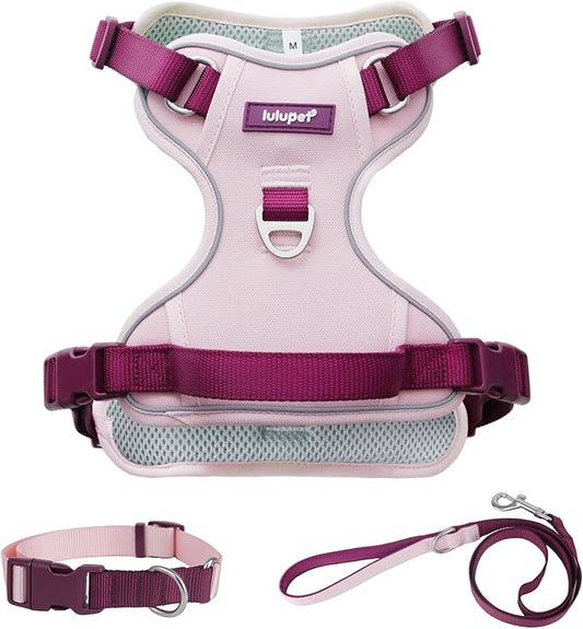 No Pull Dog Harness Leash and Collar Set, Soft Adjustable Dogs Vest Reflective and Comfortable Handle Pink X-Large