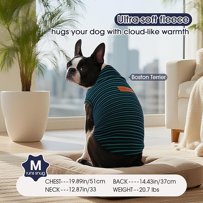 FUAMEY 2 Pack Dog Fleece Vest for Large Dogs,Shih Tzu Frenchie Stretchy Dog Sweatshirts Warm Dogs Pullover Winter Pet Sweaters with Leash Hole Puppy Turtleneck Sleeveless Green Stripes L