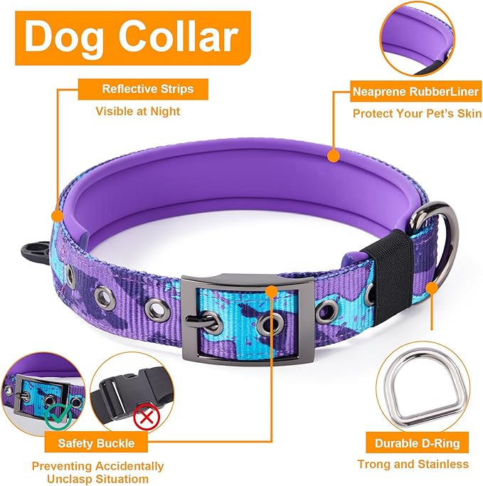 Annchwool No Pull Dog Harness,Heavy Duty Collar & Leash Set-Leash with Double Handle & Car Seatbelt Clip-Easy Control for Walking Training Medium Large Size Dogs(Camo Purple,XL)