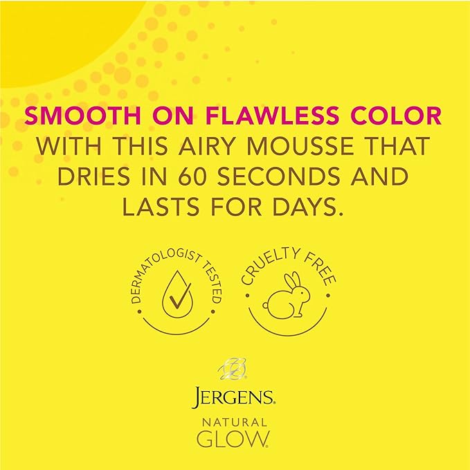 Jergens Natural Glow Instant Sun Body Mousse, Self Tanner for Light Bronze Tan, Sunless Tanning Body Bronzer for Natural Looking Color Instantly, 6 Oz