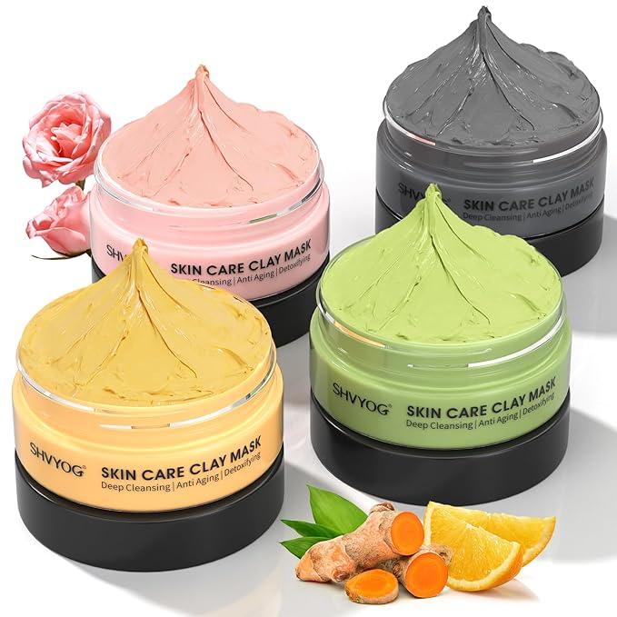 SHVYOG 4Pcs Face Mask Set - Turmeric Clay Mask, Vitamin C, Green Tea, Rose, Dead Sea Mud Mask, Skin Care Mask for Deep Cleansing, Refining Pores, Valentine's Day Gifts for Women- 240g