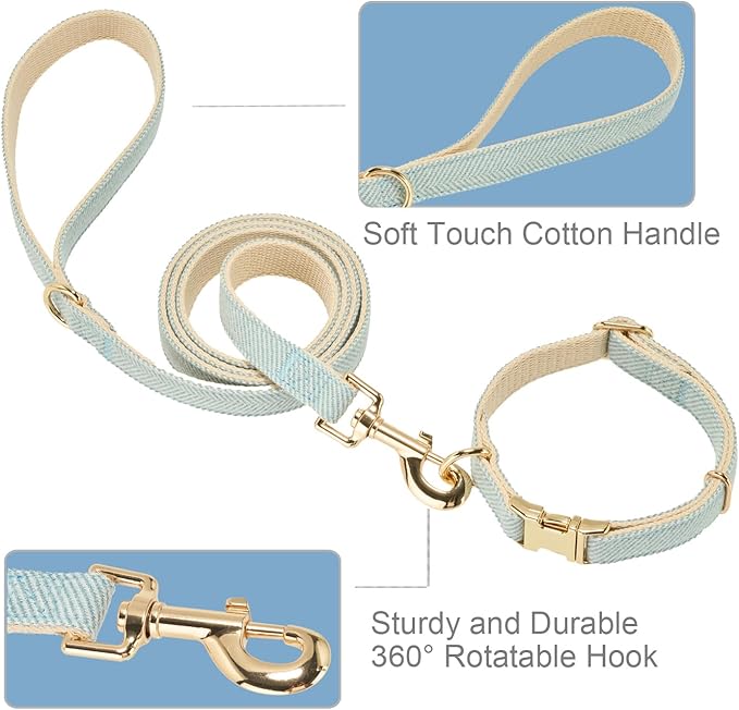 Soft Hemp Dog Collar and Leash Set Adjustable Woven Tweed Dog Collars with Metal Buckle and Lead for Small Medium Large Dogs,Blue