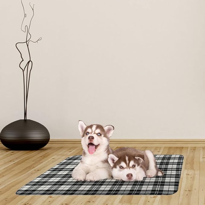 KOOLTAIL Washable Pee Pads for Dogs - Waterproof & Non-Slip Plaid Puppy Potty Training Pads, Reusable Whelping Pads, Dog Food Feeding Mat,Black & Grey
