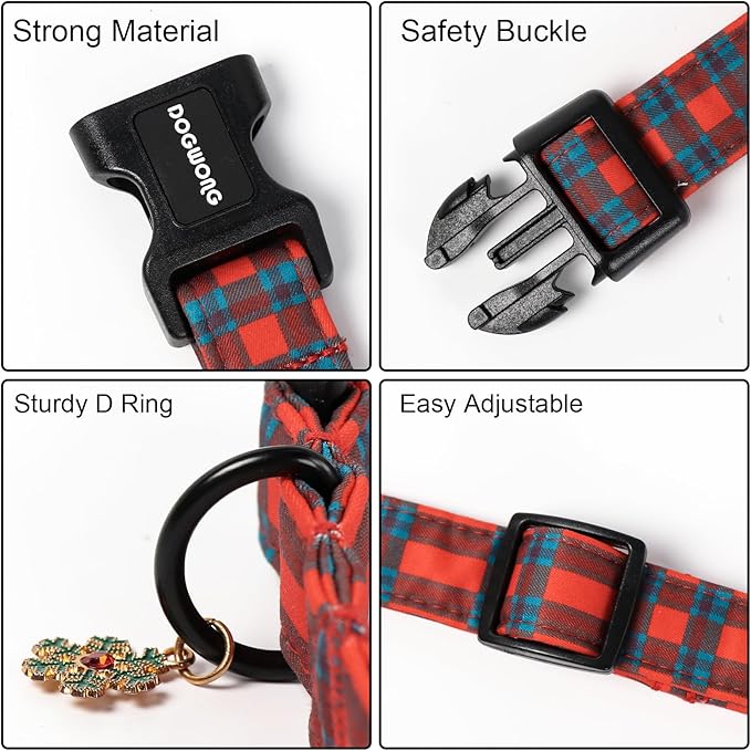 DOGWONG Red Plaid Dog Collar, Christmas Dog Collar Durable Soft Fabric Pet Dog Collars Boy Puppy Necklace for Small Medium Large Dogs,L