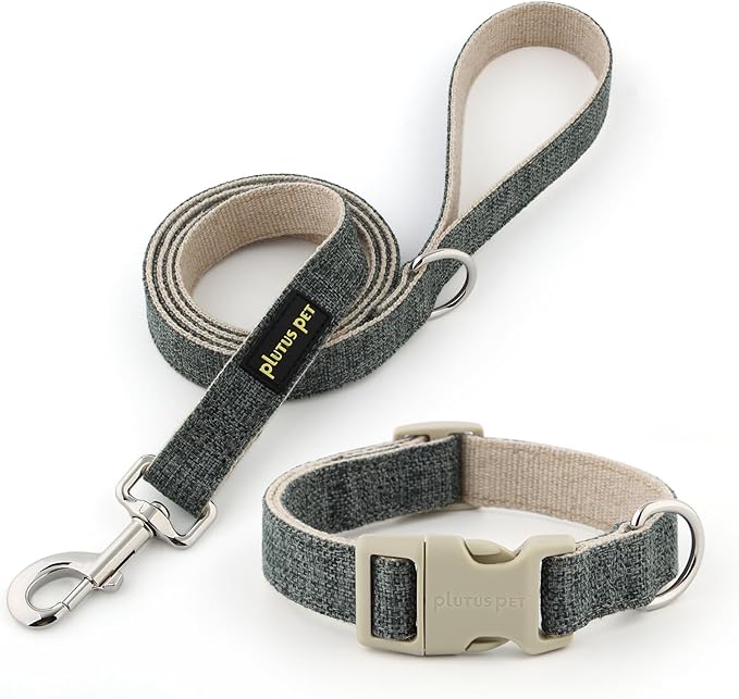 Plutus Pet Cotton Hemp Dog Collar and Leash Set, Adjustable Collar for Small, Medium, and Large Dogs, Heavy Duty and Soft on Skin, Gray, L