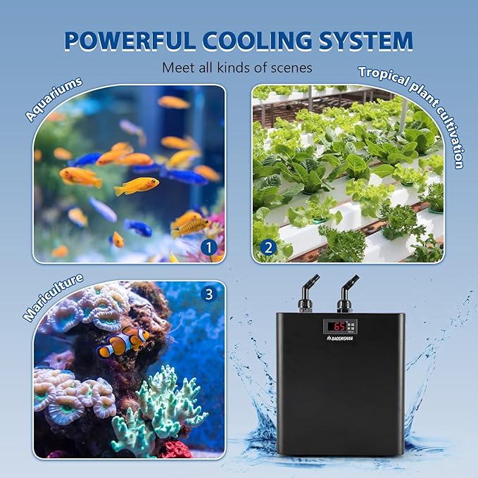 BAOSHISHAN Aquarium Chiller 79 gal, 1/3 HP Water Cooler, Special Quiet Design Refrigeration Compressor for Hydroponics, Axolotl, Coral Reef, Fresh & Salt Fish Tank (79gal/300L)