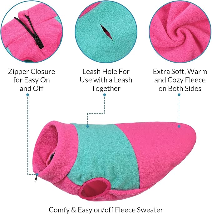 Queenmore Dog Sweater - Fleece Jacket for Large Dogs - Winter Pet Apparel Boy Or Girl, Fuchsia/Mint, XL