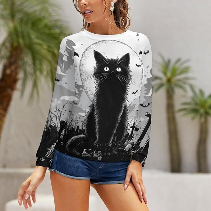 Halloween Sweatshirts for Women Black Cat Print Pullover Crewneck Oversized 2024 Fall Fashion Casual Warm Shirt