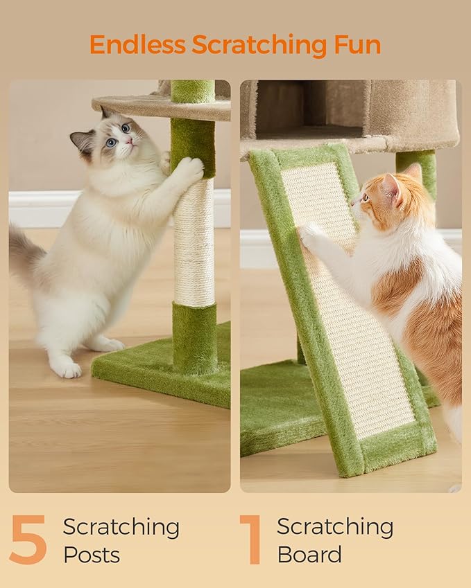 Feandrea Cat Tree Tower, 45.3-Inch Cat Condo with Scratching Post, Ramp, Perch, Spacious Cave, for Small Spaces, Grass Green and Camel Brown UPCT141CB03