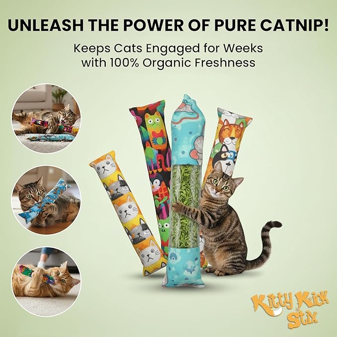 Catnip Kicker Toys – 15" Set of 2, Durable Cat & Kitten Kick Sticks, 100% Potent Catnip. Made in USA. Encourages Exercise & Play for Cats of All Breeds. Interactive Toy Relieves Boredom (Cool Cats)