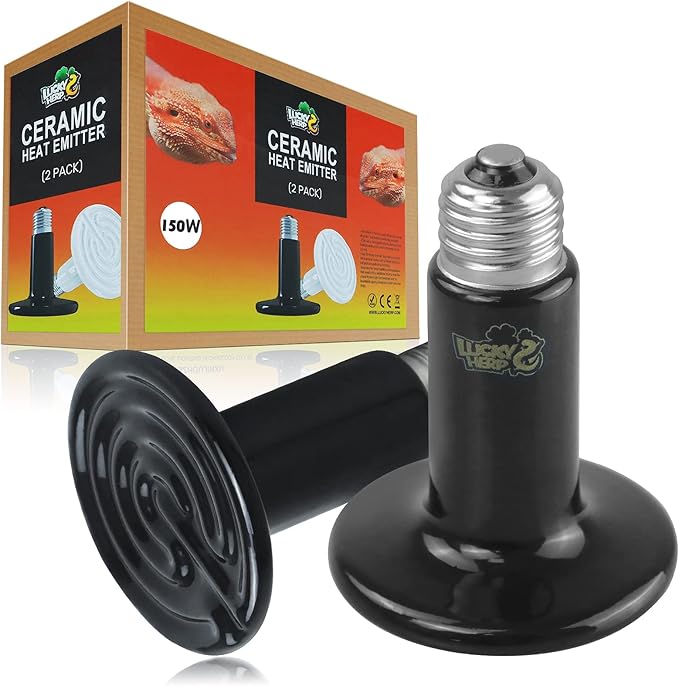 LUCKY HERP 150W Ceramic Heat Emitter, Reptile Heat Bulbs, Ceramic Heat Lamp for Reptiles, Amphibian, Chicken, Dog, Cat (2-Pack)