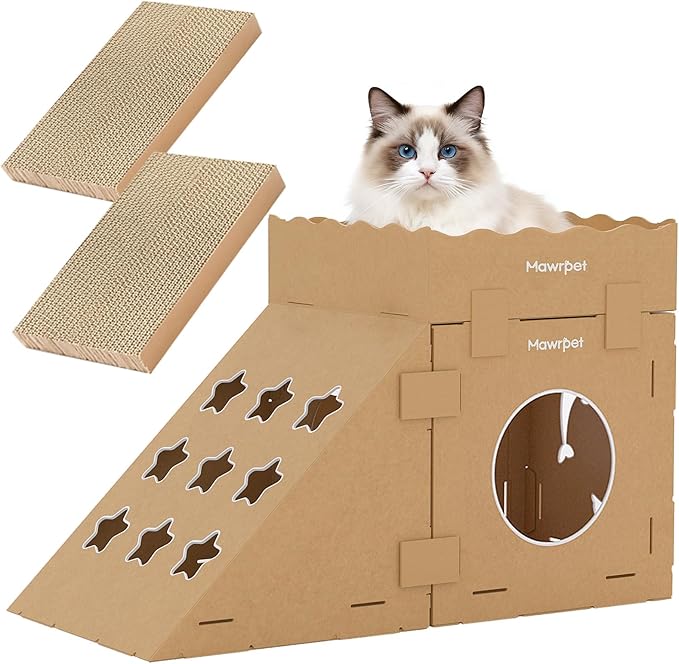 DIY Cardboard Cat House with Scratching Pad, Cat Tower Indoor Play House, Versatile Cardboard Cat Tunnel Box for One or More Pets, Indoor Use Rabbit Hideout Cave Castle Brown, 3 Parts