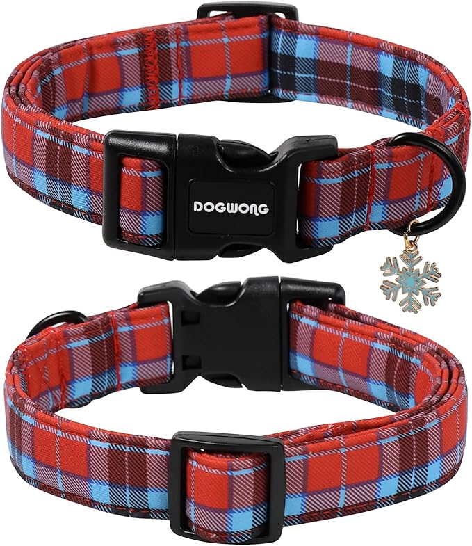 DOGWONG Red Dog Collar, Christmas Red Plaid Dog Collar Durable Soft Fabric Pet Dog Collars Boy Puppy Necklace for Small Medium Large Dogs,Large