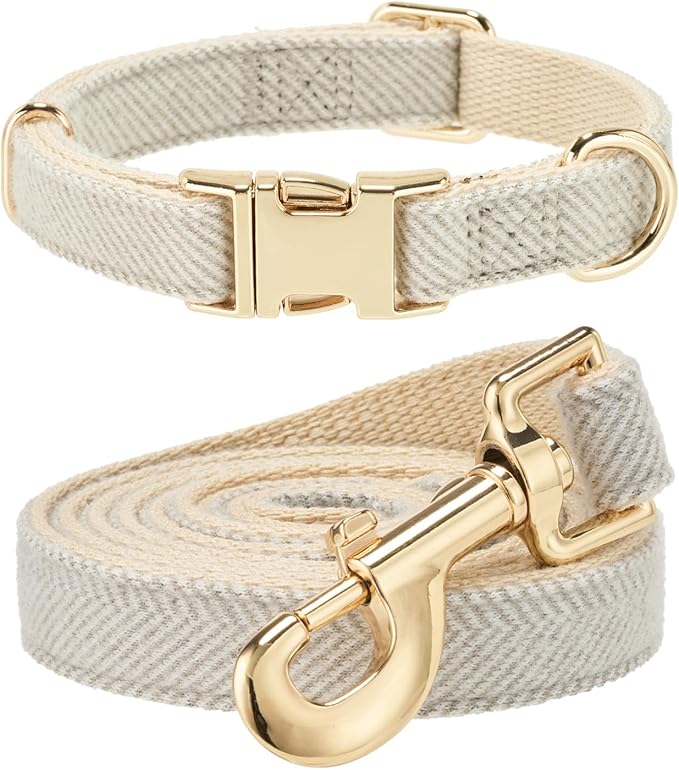 Soft Hemp Dog Collar and Leash Set Adjustable Woven Tweed Dog Collars with Metal Buckle and Lead for Small Medium Large Dogs,Grey