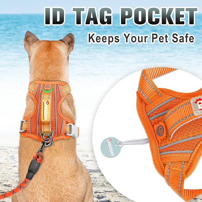 BARKBAY No Pull Dog Harness Large Reflective Dog Harness with Front Clip and Easy Control Handle for Walking Training Running with ID tag Pocket(Orange,L)