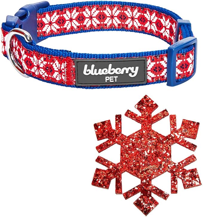 Blueberry Pet Small Christmas Dog Collar – Snowflakes Designer Collar with Bow, 12"-16" Neck, Eco-Friendly Glitter Décor for Holiday Pets