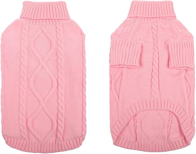Queenmore Small Dog Pullover Sweater, Cold Weather Cable Knitwear, Classic Turtleneck Thick Warm Clothes for Chihuahua, Bulldog, Dachshund, Pug, Yorkie (Pink, X-Small)