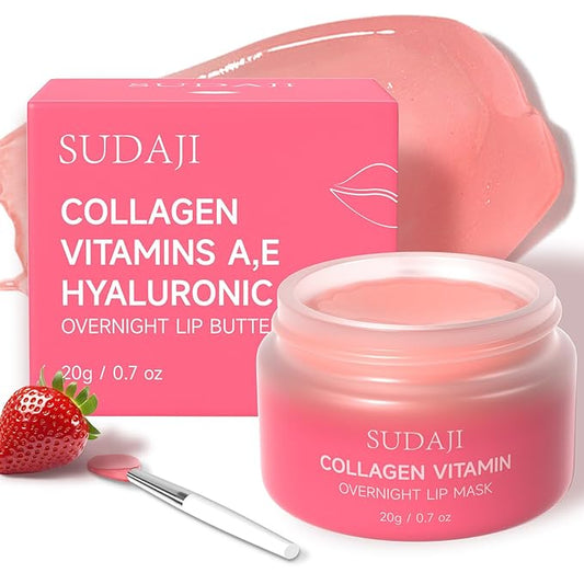 Collagen Lip Mask, Hydrating Lip Balm, Lip Moisture with Hyaluronic Acid & Vitamins E, A- Overnight Sleeping Nourishing Lip Butter Balm for Dry Lips 0.7 Oz