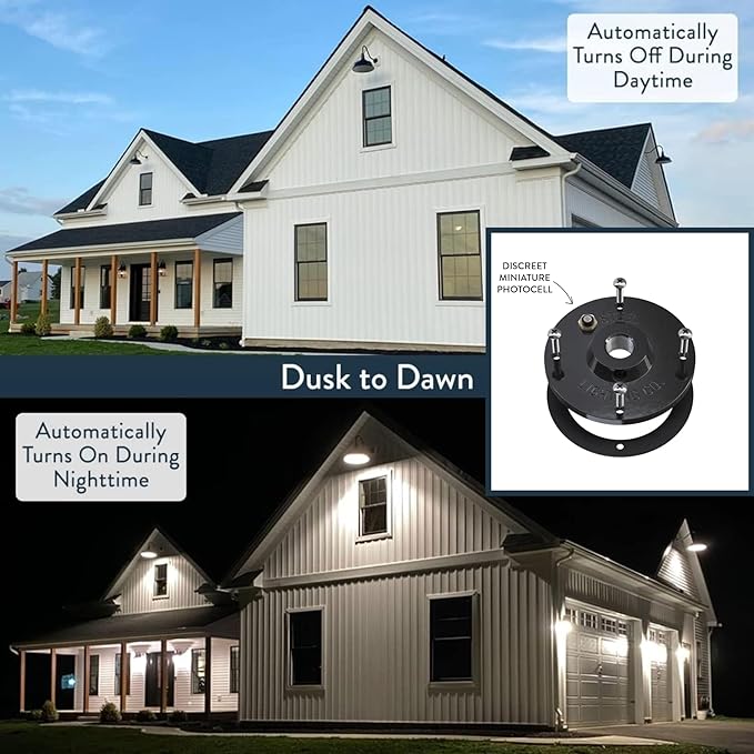 Steel Lighting Co. | Dusk to Dawn | Hawthorne Barn Light | Outdoor Wall Mounted | 8 in Dome | 11 inch Straight Arm| Small Farmhouse Light Made in America | Green Exterior/White Interior